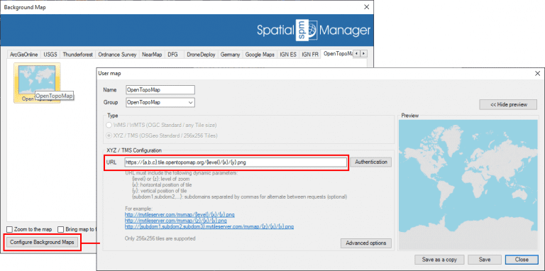 OpenTopoMap: Needed parameters to configure it in ‘Spatial Manager’ as a user dynamic Background Map (Click to enlarge) OpenTopoMap: Needed parameters to configure it in ‘Spatial Manager’ as a user dynamic Background Map